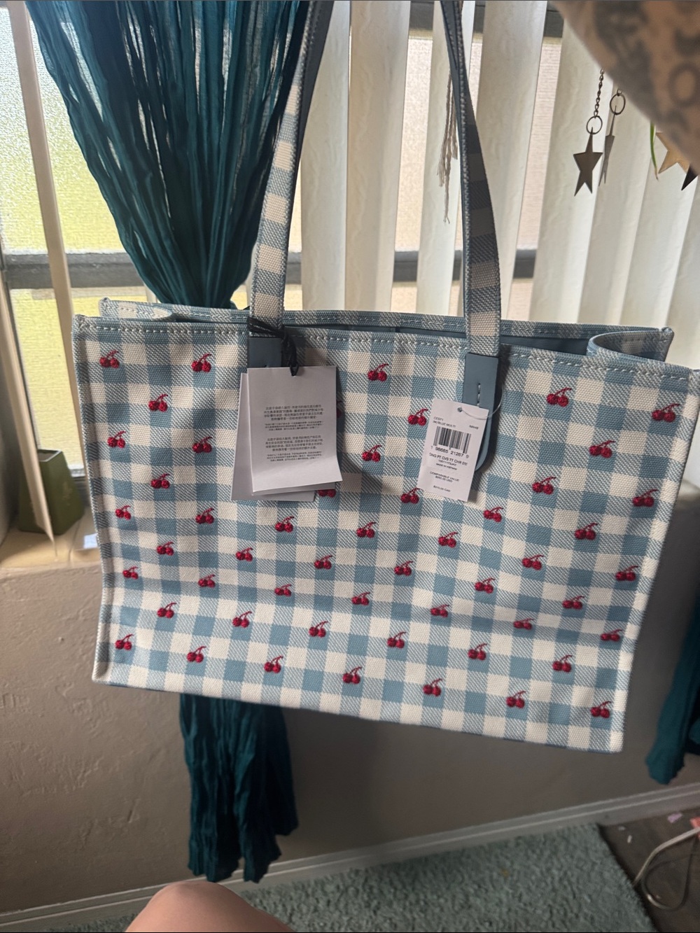 Coach Blue & White Gingham Tote with Red Cherry Accents BRAND NEW NEVER USED - Picture 8 of 16